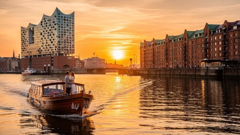 Bootstour im Sonnenuntergang: Hamburgs Hafen erstrahlt im goldenen Licht